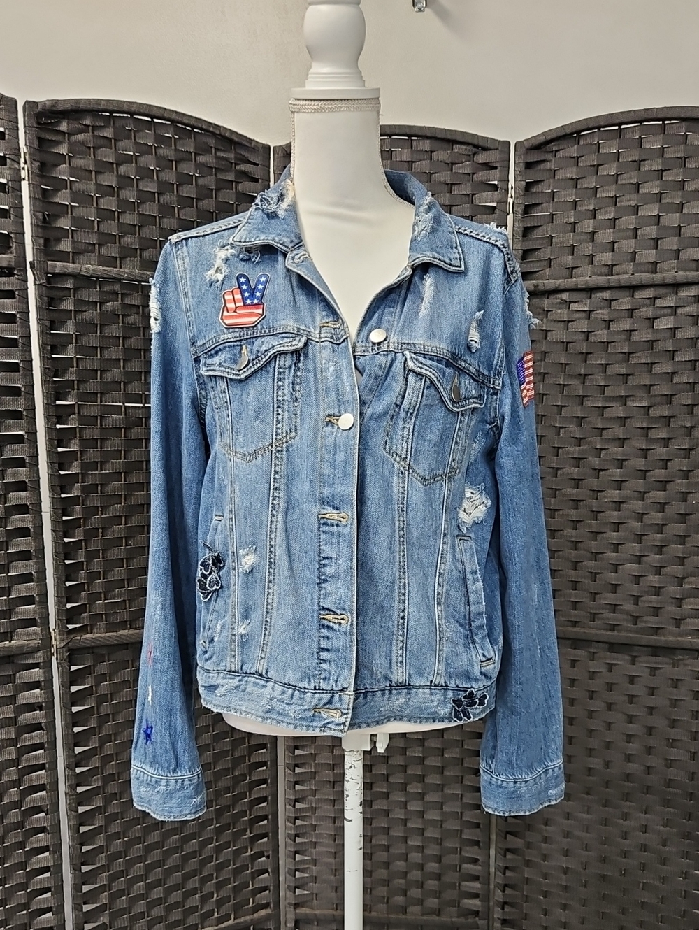 Size L Misses Light Blue Embroidered & Distressed Denim Jacket w/ customization